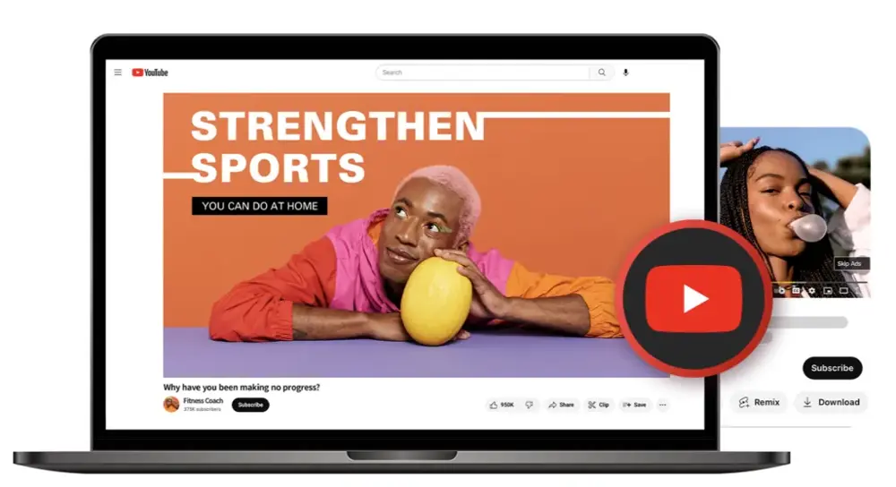 a person looking at a laptop screen displaying a vibrant YouTube thumbnail design